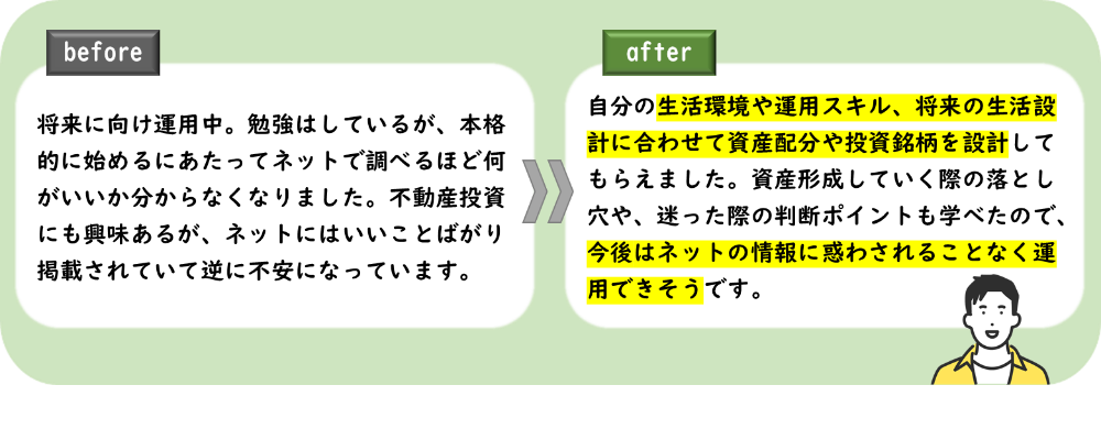 本格的に資産運用をしたいが、資産配分や投資銘柄に悩んでいた相談者様のbefore/after