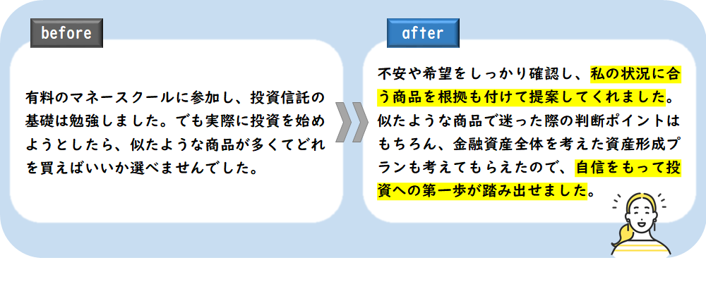 マネースクールで投資信託は勉強したが、商品選択に困ってしまった相談者様のbefore/after